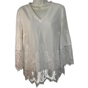 Chico's White Crochet Lace Trimmed Bell Sleeve White 100% Cotton Blouse | Small
